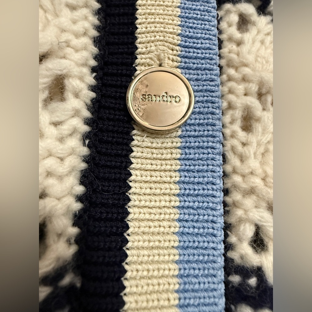 Sandro - Ludvik Cream Crochet Cardigan Sweater w Logo Patch Pocket - size Small - Picture 4 of 14